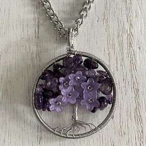 Amethyst chips flower tree of life pendant necklace